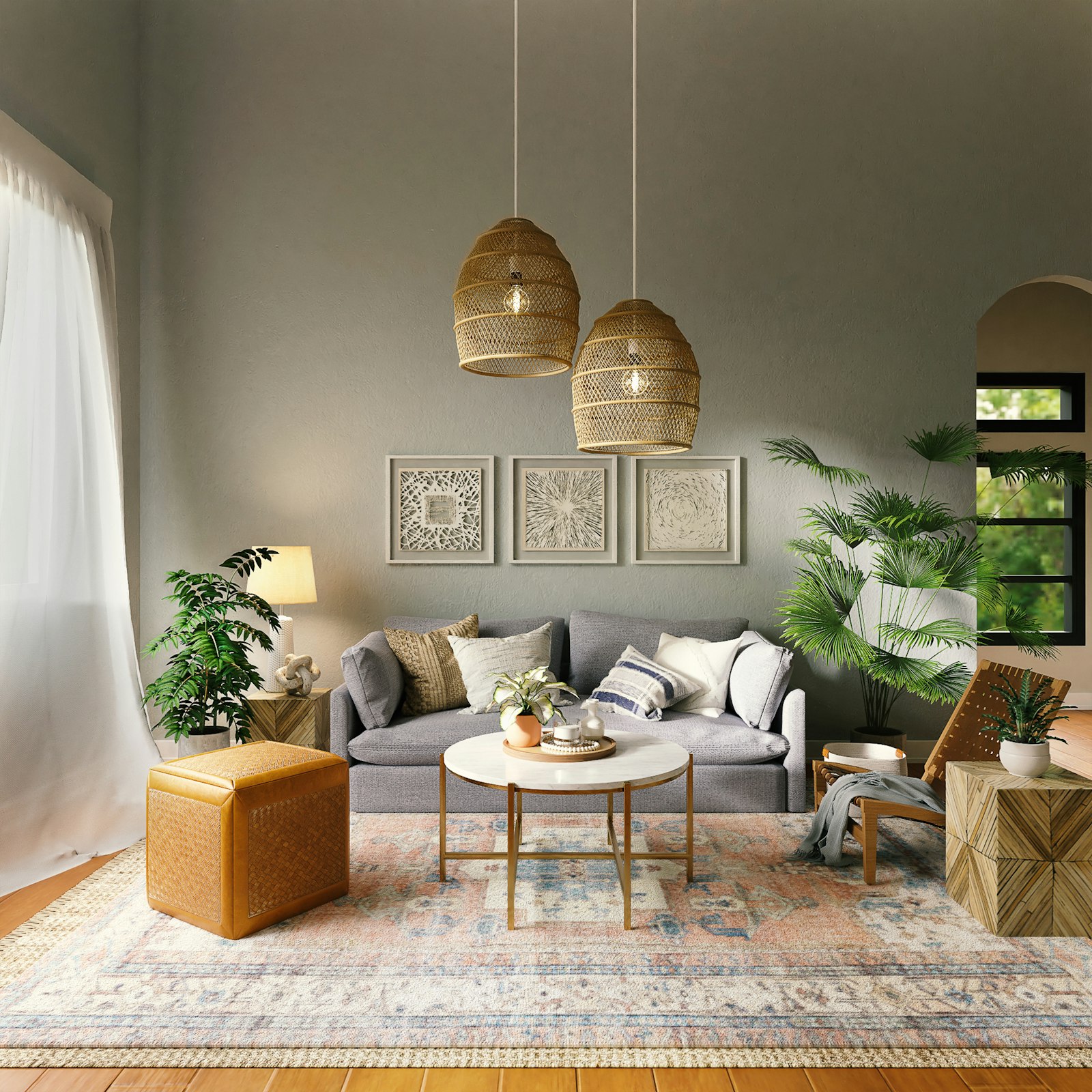 Living room painted in soft sage green