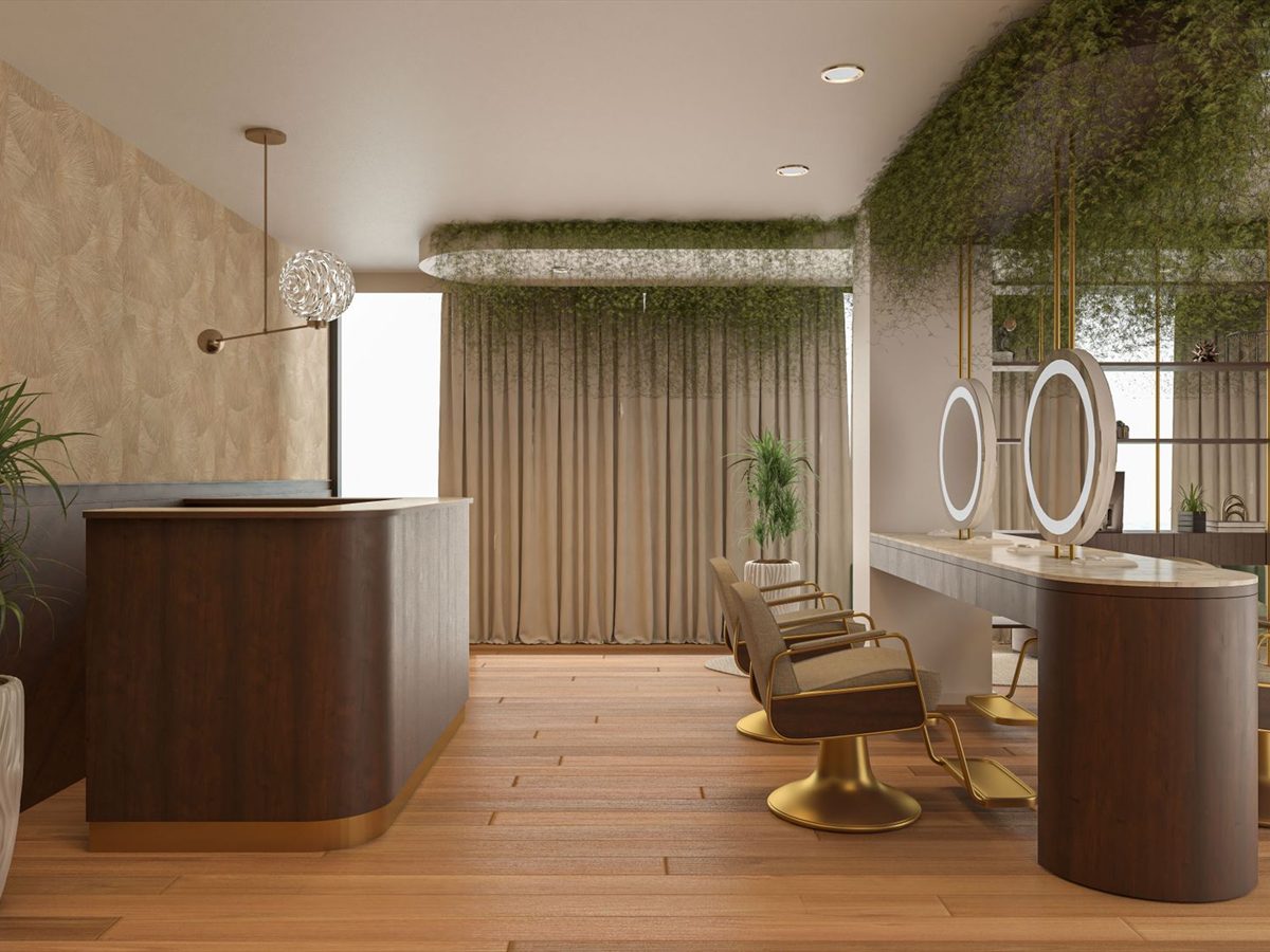 Shelving with haircare products and trailing plants on the salon floor