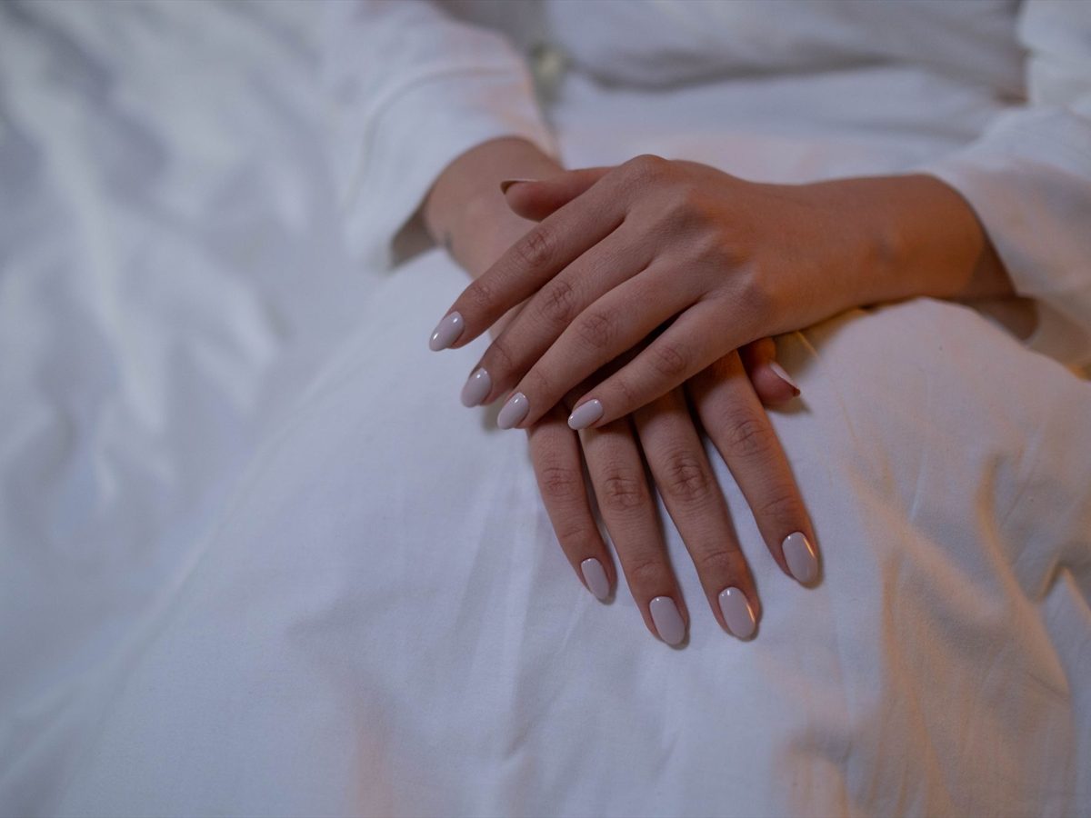 Close-up of a finished neutral gel manicure