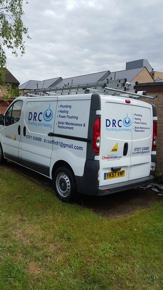 DRC Plumbing and Heating's sign-written van, listing plumbing, heating, power flushing and boiler services
