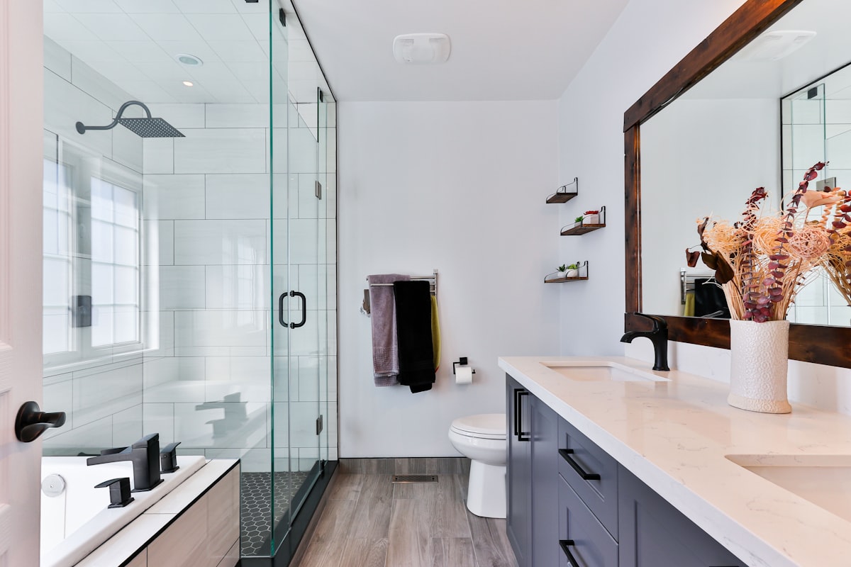 Modern bathroom with new plumbing installed