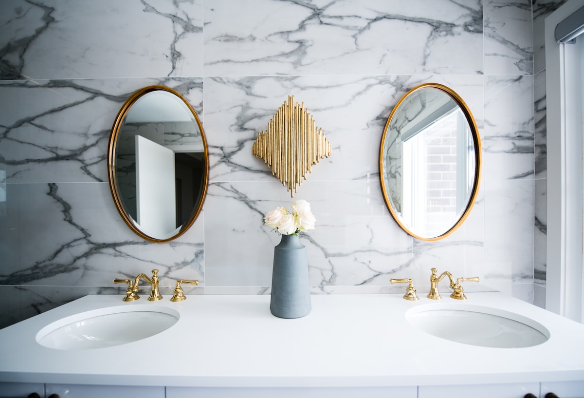 Twin bathroom vanity basins with chrome taps
