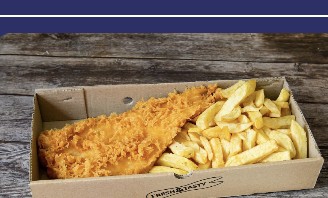 Regular cod and chips in a takeaway box