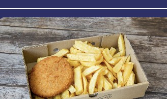 Jumbo fishcake and chips in a takeaway box