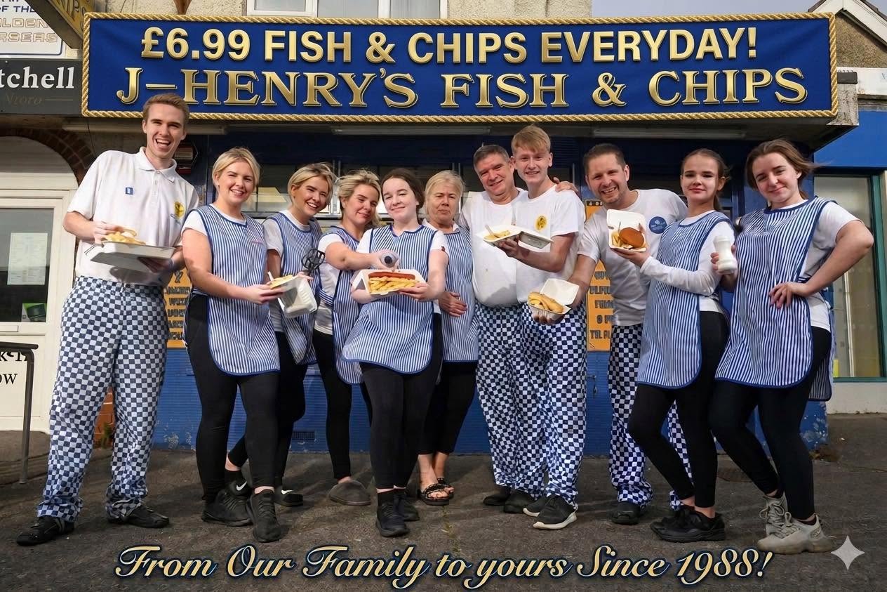 The J-Henry's Fish and Chips team outside the Hedge End shop, celebrating serving the family recipe since 1988