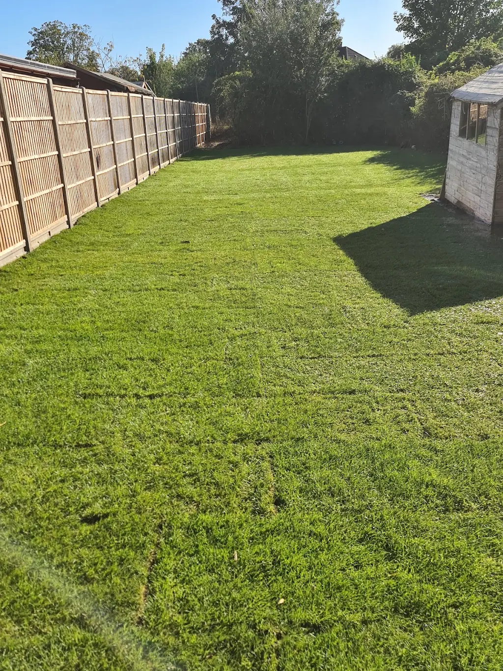 Large newly turfed lawn running the length of a fenced garden