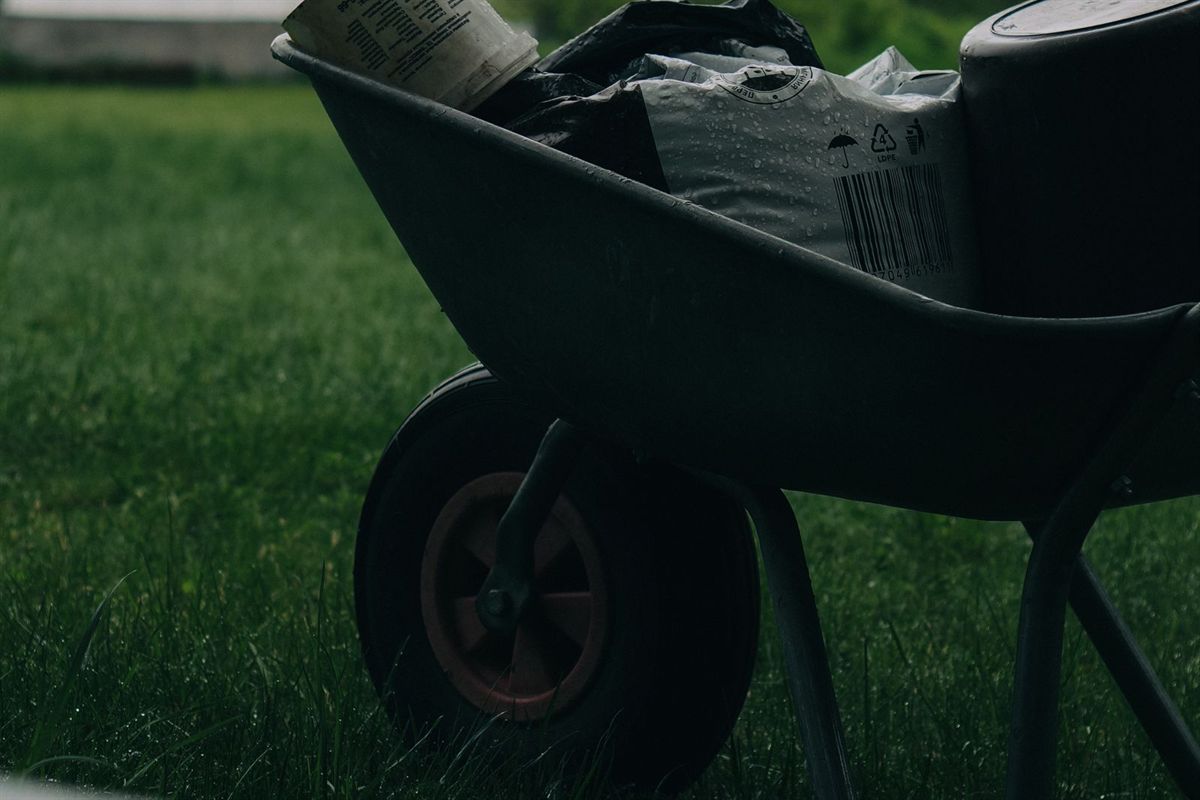 A wheelbarrow loaded with garden tools on a freshly mown lawn