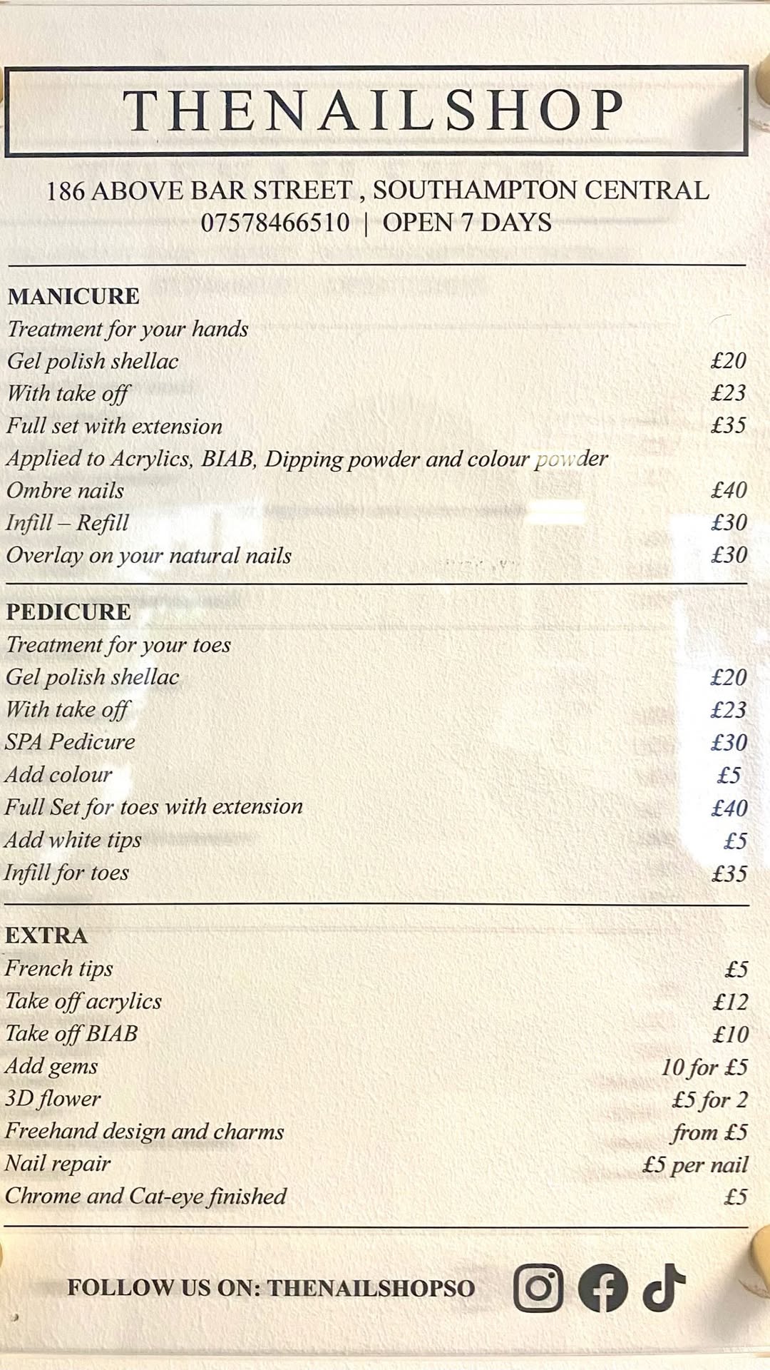 The Nail Shop Southampton's real in-store price menu board