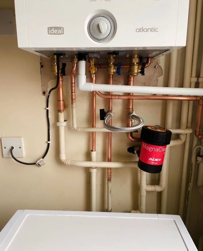 Boiler pipework, valves and magnetic filter installed